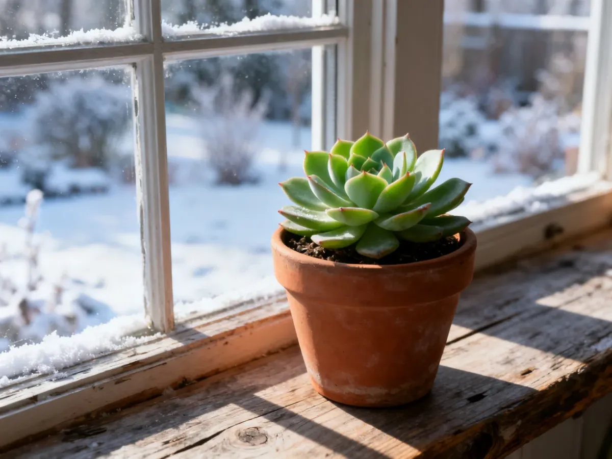 Soczysta echeveria w terakotowej doniczce na parapecie, z widocznym w tle zimowym ogrodem.