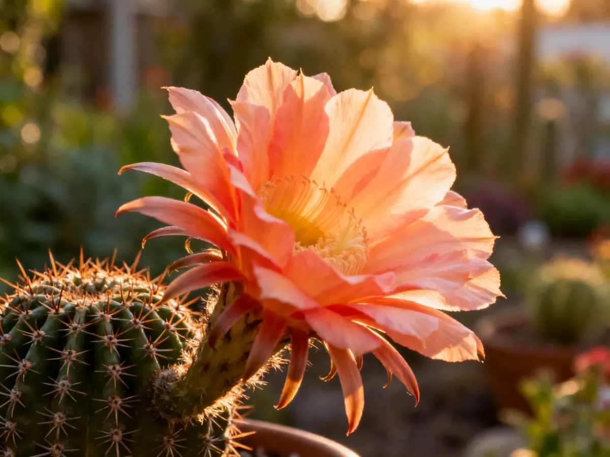 Kwitnący kaktus Echinopsis z dużym, rozłożystym kwiatem o delikatnych płatkach w świetle zachodzącego słońca.