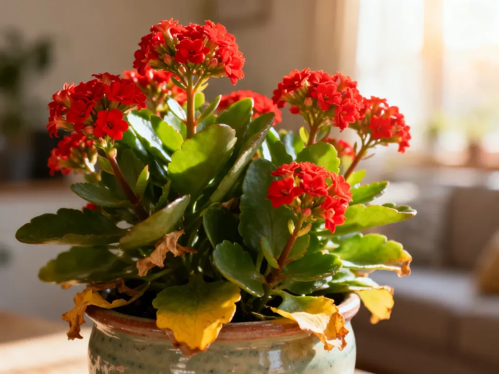 Kalanchoe w ceramicznej doniczce z widocznymi żółknącymi liśćmi i oznakami więdnięcia, ilustrująca problemy w uprawie.