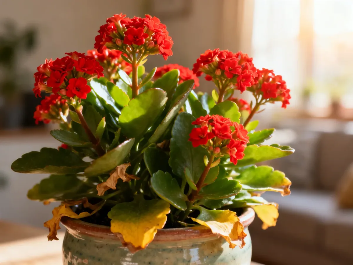 Kalanchoe w ceramicznej doniczce z widocznymi żółknącymi liśćmi i oznakami więdnięcia, ilustrująca problemy w uprawie.