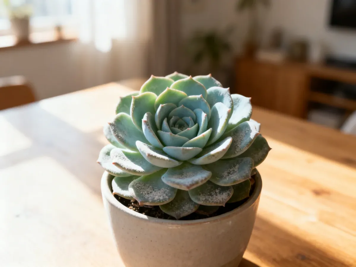 Sukulent Echeveria o mięsistych, niebiesko-zielonych liściach w minimalistycznej doniczce na drewnianym stole.