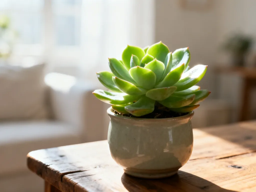 Zielony sukulent Echeveria w ceramicznej doniczce na drewnianym stole, oświetlony delikatnym porannym światłem.
