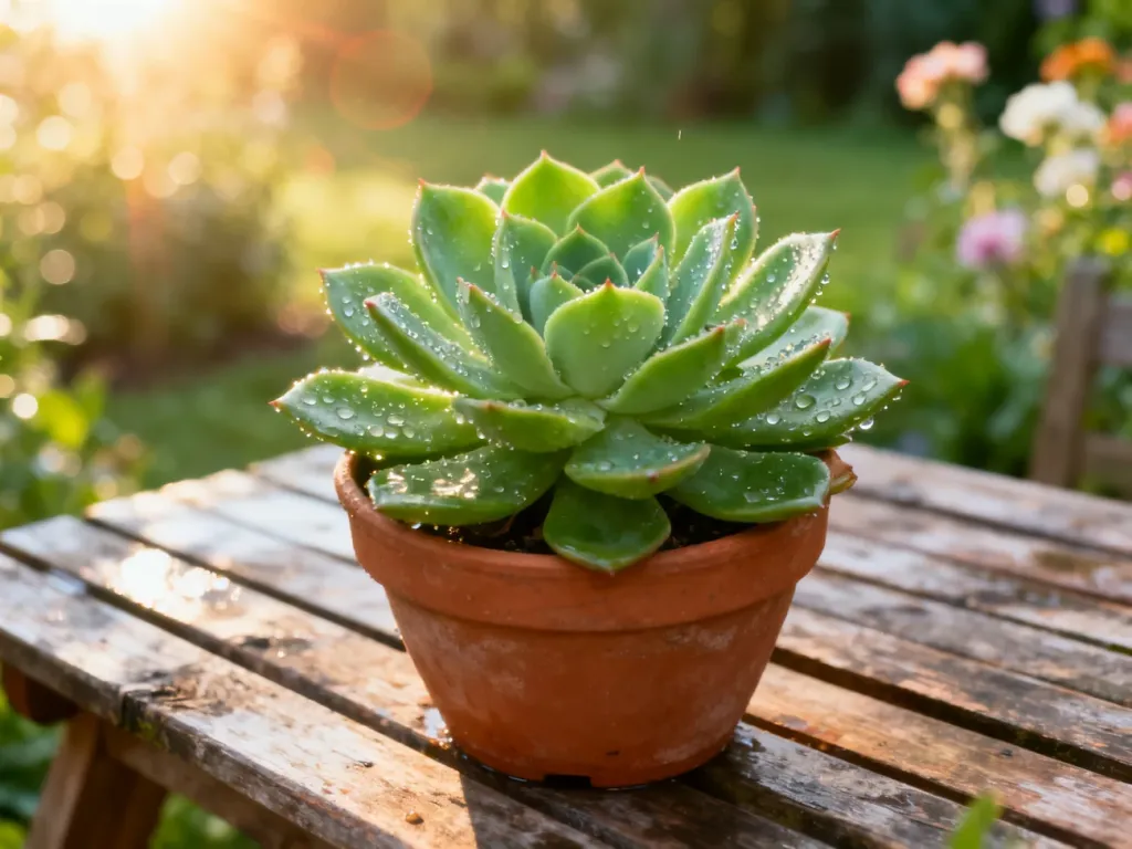 Soczysta echeveria w terakotowej doniczce z kroplami wody, ustawiona na drewnianym stole w ogrodzie w porannym świetle.